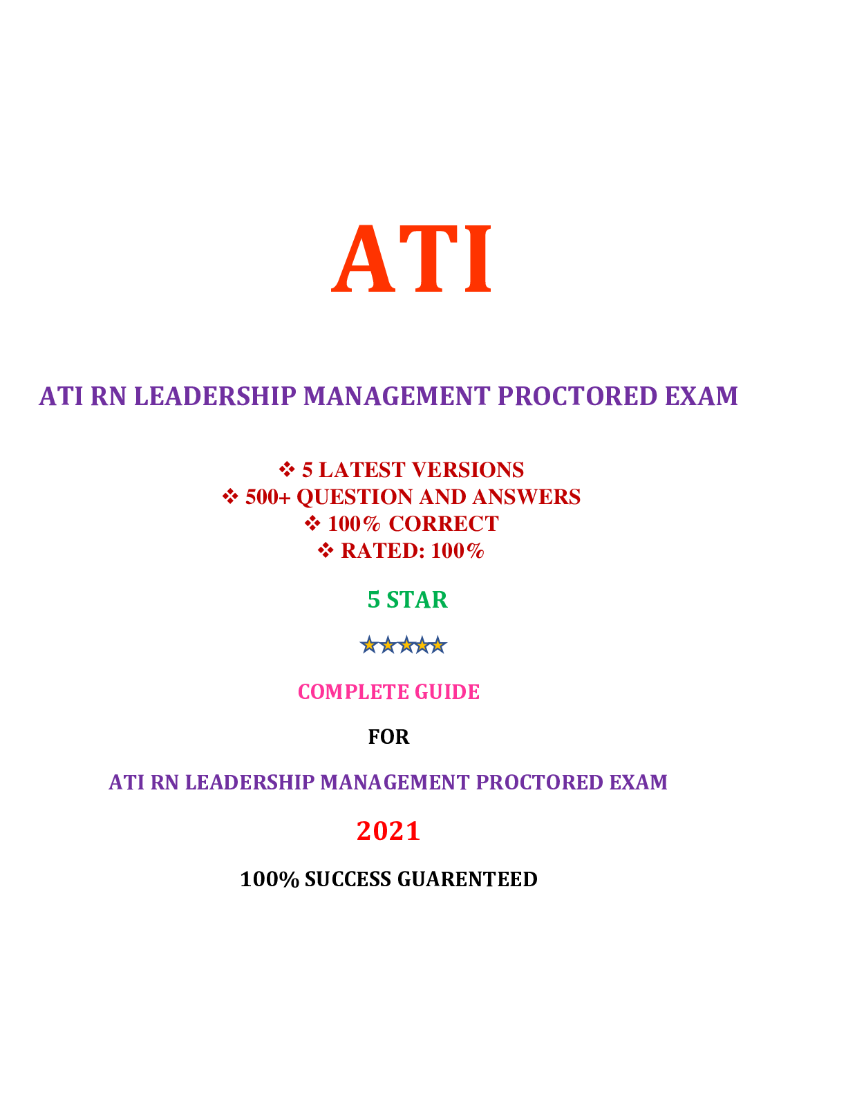 Preview image for ATI RN LEADERSHIP MANAGEMENT PROCTORED EXAM (5 VERSIONS) / RN ATI LEADERSHIP MANAGEMENT PROCTORED EXAM (5 VERSIONS) (500+ Q&A 100% CORRECT) | VERIFIED AND RATED 100%: COMPLETE GUIDE